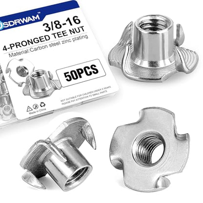 50PCS 3/8"-16 T Nuts for Wood, Zinc-Plated 4-Prong Tee Nuts | Carbon steel construction, Hammer-in installation design - style: 50 PCS 3/8"-16 Size