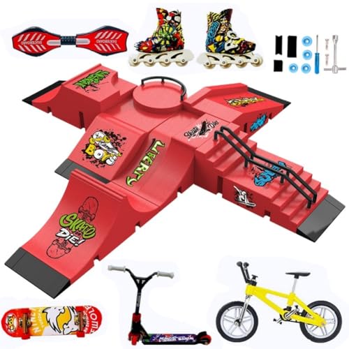 Fingerboard Skate Park Kit,Skateboard Finger Toys with 13 Pieces of Skateboards, Ramps, Skates, Scooters, Bikes and Caster Boards, Funny Mini Finger Board Skate Training Parts (RED) - color: Red