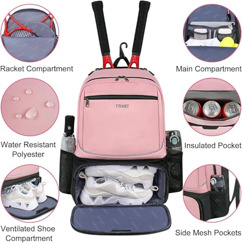 Ytonet Tennis Bag Tennis Backpack for Women Men 2 Rackets | Insulated Pocket and Ventilated Shoe Compartment, Gym Bags with Fence Hook for Pickleball and Badminton Rackets - color: Pink