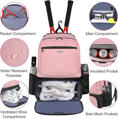 Ytonet Tennis Bag Tennis Backpack for Women Men 2 Rackets | Insulated Pocket and Ventilated Shoe Compartment, Gym Bags with Fence Hook for Pickleball and Badminton Rackets - color: Pink