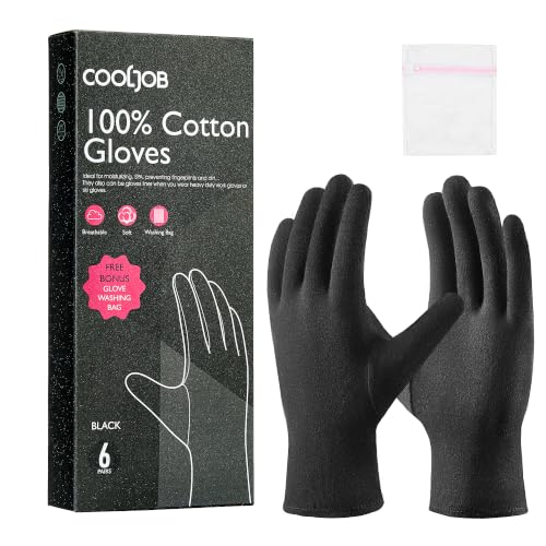 COOLJOB 6 Pairs Cotton Moisturizing Gloves for Dry Hands & Eczema, Black S | 100% Natural Cotton, Overnight Moisture Care, Multiple Everyday Uses, Washable & Reusable - color: Black, size: Small