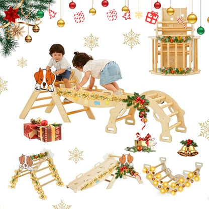 7-in-1 Collapsible Climbing Triangle Climbing Set for Toddlers, Wooden Indoor Jungle Gym Playground with Arch, Ramp & Ladder, Space-Saving, Toddler Climbing Toys, Natural Wood Color - color: Wooden Frame