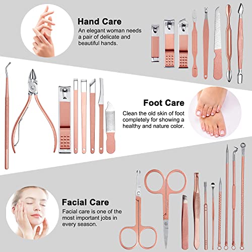 Manicure Set,ewinever 26PCS Professional Pedicure Kit Stainless Steel Nail Clippers Grooming Tools Kit Men and Women Nail Care Tools with Pink Leather Travel Case-Rose Gold