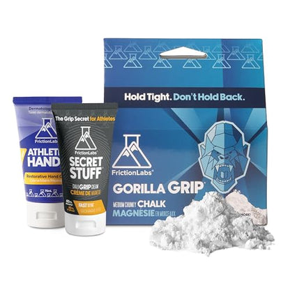 Friction Labs Gorilla Grip Chalk & Recovery Bundle for Climbing & Lifting | Secret Stuff Liquid Chalk, Gorilla Grip 2.5 oz Loose Chalk & Athletic Hands Cream for Grip, Skin Care & Recovery