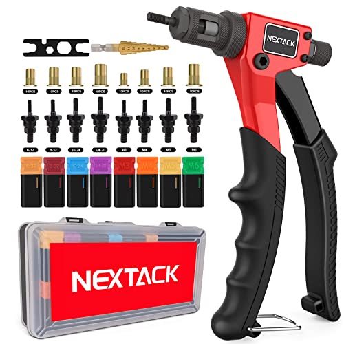 NEXTACK Rivet Nut Tool Kit with Step Drill Bit & 80 Nutserts for Tight Space, 8 Inch Rivnut Tool Set Riveter with 8 Mandrels 6-32 8-32 10-24 1/4-20 M3 M4 M5 M6 in Organized Rugged Carrying Case NT600 - size: 8-inch Single-handed Rivnut Tool Kit/80 Nutsert