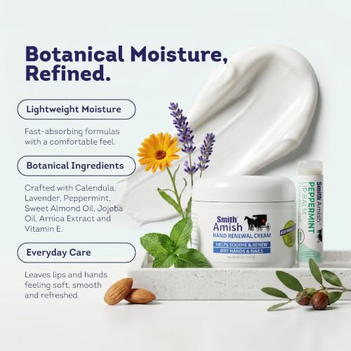 Smith Amish Hand Renewal Cream 4.5 oz + Organic Peppermint Lip Balm | Deep Moisturizing Hand & Lip Care Set for Dry, Rough Hands & Parched Lips - Botanical Duo - size: 2.25 Ounce (Pack of 2)