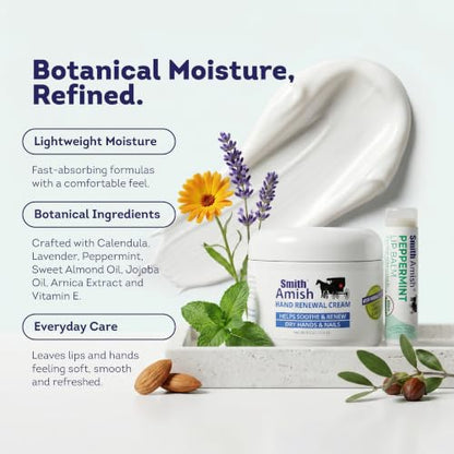 Smith Amish Hand Renewal Cream 4.5 oz + Organic Peppermint Lip Balm | Deep Moisturizing Hand & Lip Care Set for Dry, Rough Hands & Parched Lips - Botanical Duo - size: 2.25 Ounce (Pack of 2)