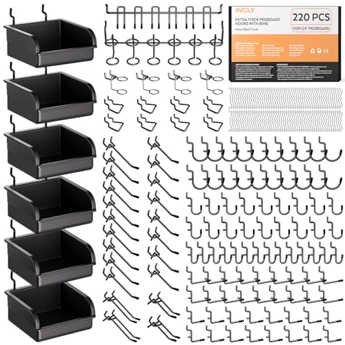 INCLY 220PCS Pegboard Accessories Organizer Kit for 1/4 Inch Pegboard | Extra Thick, Heavy Duty, Black Pegboard Hooks with Bins & Peg Lock, Peg Board Hooks Assortment, For Garage Wall Hanging Tools - size: 220PCS