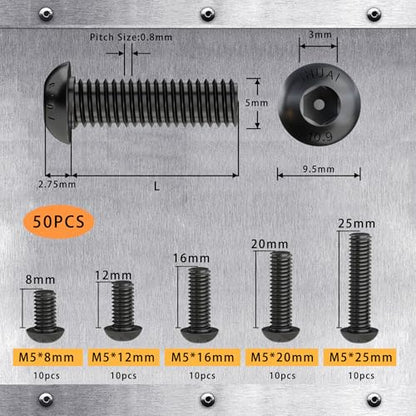 M5 x 8mm 12mm 16mm 20mm 25mm Button Head Socket Cap Screws Bolts, 10.9 Grade Alloy Steel, Metric Allen Hex Drive, Black Oxide Finish, Fully Threaded, Assortment Kit 50Pcs - size: Button Head M5x8, 12, 16, 20, 25mm(50pcs)