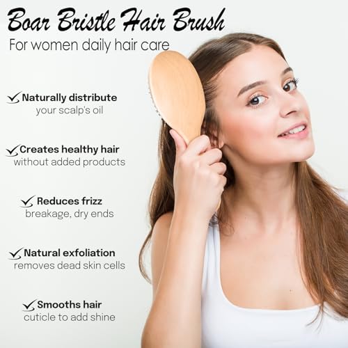 100% Boar Bristle Hair Brush for Thin Fine Hair, Shine & Frizz Control | Handmade Wooden Slick Back Brush Gently Smooth Polish Dry Damaged Hair for Women & Men, Minimize Flyaways, Reduce Breakage