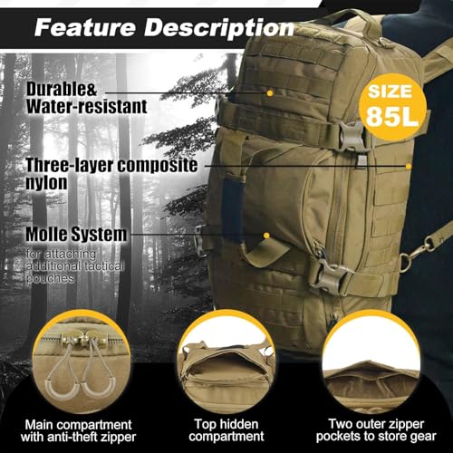3 In 1 Tactical 85L Military Backpack Travel Duffle Bag for Weekender Gym Workout Deployment - color: Tan