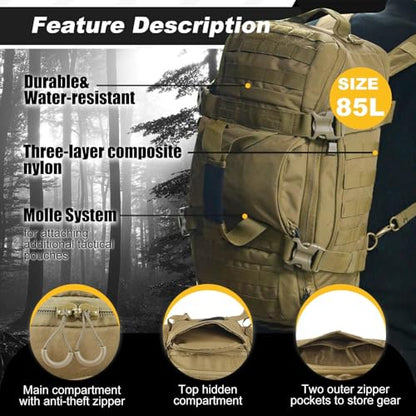 3 In 1 Tactical 85L Military Backpack Travel Duffle Bag for Weekender Gym Workout Deployment - color: Tan