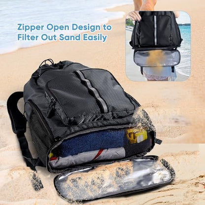 Large Beach Backpack Waterproof Sandproof - Customized Oversized Drawstring Pool Bag with Shoe Compartment for Toiletries, Towels, Gym, Travel - color: Black, size: Large