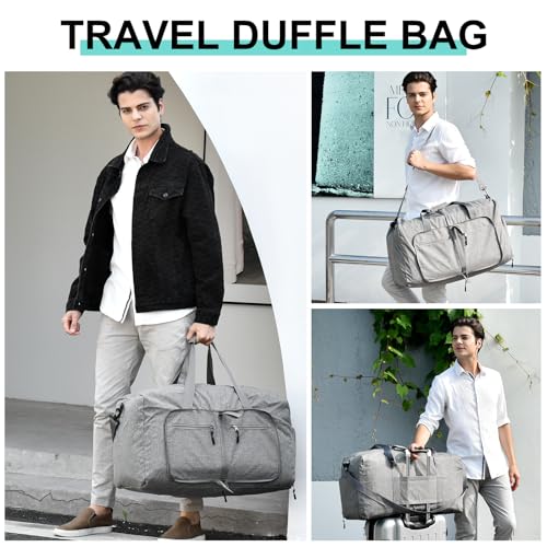 Dimayar 40L Foldable Duffle Bag, Travel & Weekender, Overnight, Gym | Lightweight, Carry-on, Packable, Waterproof & Tear Resistant, Travel Duffel Bag with Shoes Compartment for Men Women - color: Grey, size: 40L