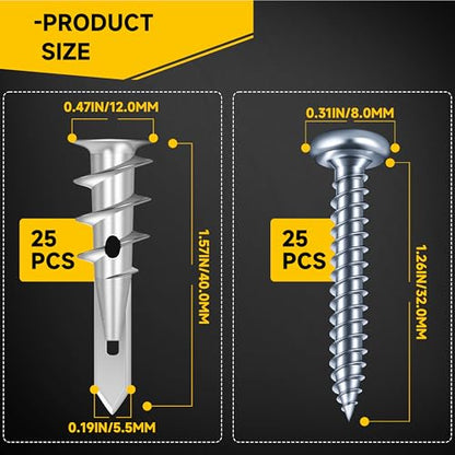 Mywish #8 Self Drilling Drywall Anchors and Screws Kit, Metal Drywall Anchors with Screws, 25PCS Wall Anchors and 25PCS Screws for Drywall, 75LB Wall Hanging Kit - size: Single-point