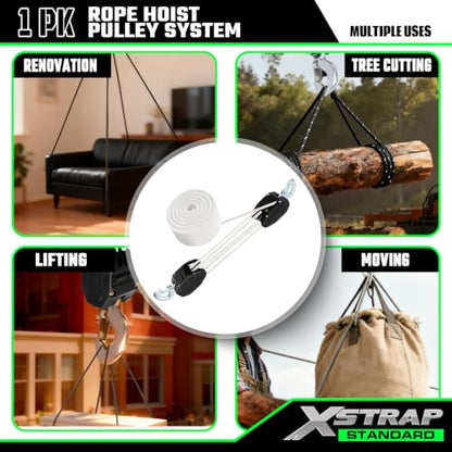 XSTRAP 5:1 Block&Tackle Pulley System Rope Hoist, 50 Ft, 2000 LBS White | Heavy-Duty 2000 LBS Breaking Strength with 2PK Soft Loops, Pulley Hoist bearing metal wheels for Lifting Heavy Objects - color: Upgraded White