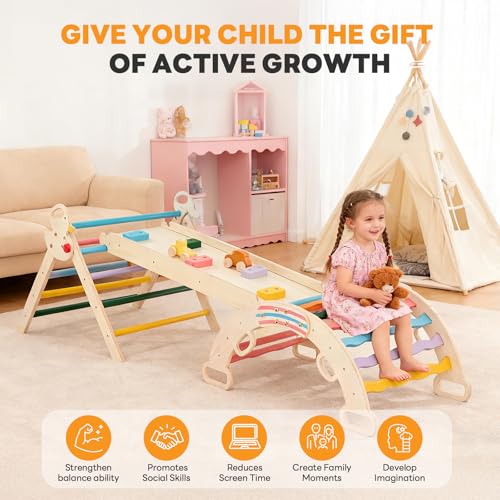 NEWBULIG Pikler Triangle Set for Toddlers, 9-in-1 Foldable Montessori Climbing Toys Indoor Playground with Arch & Ramp & Ladder, Wooden Montessori Climbing Set for Indoor Active Play, Rainbow