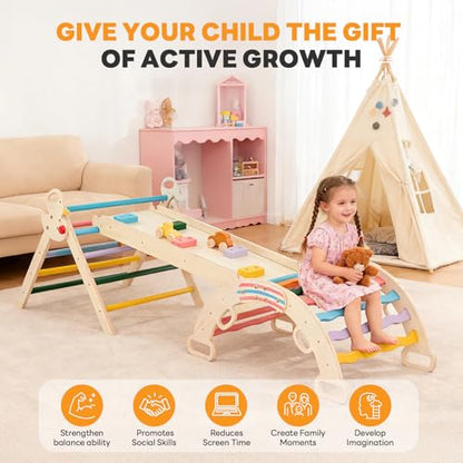NEWBULIG Pikler Triangle Set for Toddlers, 9-in-1 Foldable Montessori Climbing Toys Indoor Playground with Arch & Ramp & Ladder, Wooden Montessori Climbing Set for Indoor Active Play, Rainbow