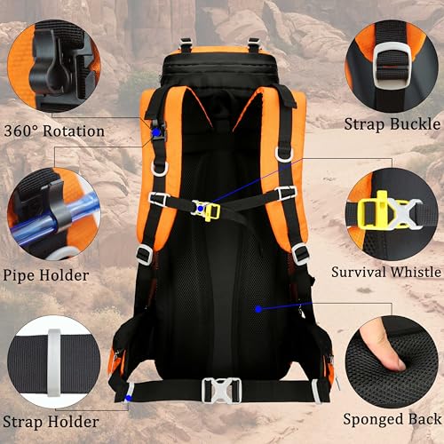 60L Travel Hiking Camping Backpack with Rain Cover, Backpack Water Resistant,Climbing Backpack for Men Women - color: Orange
