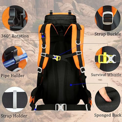 60L Travel Hiking Camping Backpack with Rain Cover, Backpack Water Resistant,Climbing Backpack for Men Women - color: Orange