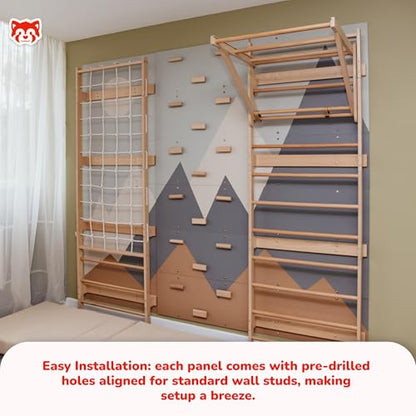 Wood And Hearts Modular Swedish Wall Gym Set for Kids Indoor Active Play – Wooden Swedish Ladder with Adjustable Pull-Up Bar, Rope Climbing Wall & Rock Climbing Panels (Base Set) - style: Base Set