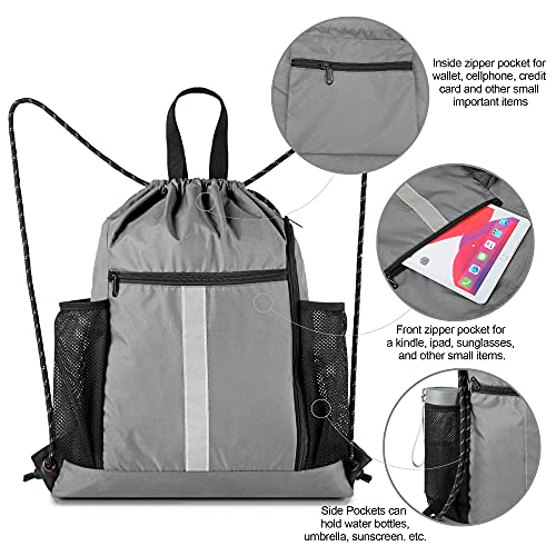 BeeGreen Grey Drawstring Bag Pack Gym Sackpack w Shoe Compartment Two Water Bottle Holder Portable String Sinch Sack for Gymnastic Athletic Beach Travel - color: Grey, style: Drawstring With Shoe Compartment