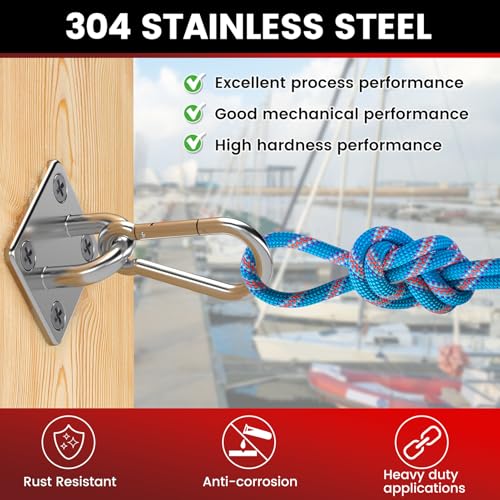 sprookber 304 Stainless Steel Pad Eye Snap Hooks, M8 Heavy Duty Ceiling Hooks, 1200 lb Capacity Hammock Swing Hanging kit, Plant Hangers, Marine Hardware Staple Hook Loop with Screws, Set of 8 - size: 3.15 inch, style: Square