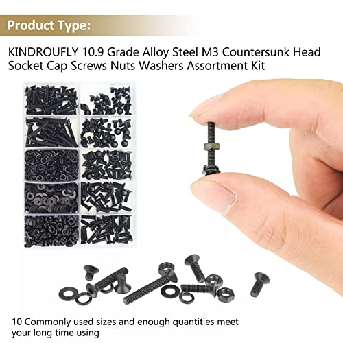 562 Pieces Black M3 x 5/6 /8/10 /12/16 /20mm Countersunk Head Socket Cap Screws Nuts Washers Assortment Kit, 10.9 Grade Alloy Steel - size: M3, style: Countersunk Head