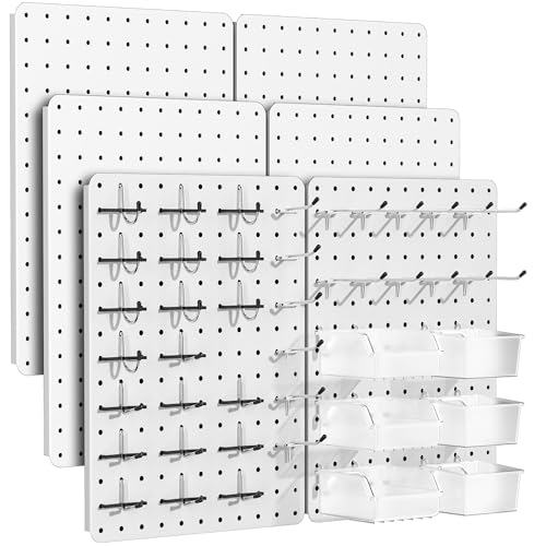 Steel Pegboard Tool Wall Organizer, 6 Pack 14.76 x 10.82 in, 6 Bins, White | 6 clear storage bins organize screws and small parts; 36 hooks and 30 peg locks keep garage tools sorted and easy to reach. - color: White, size: 14.76"x10.82"- 6 Pcs