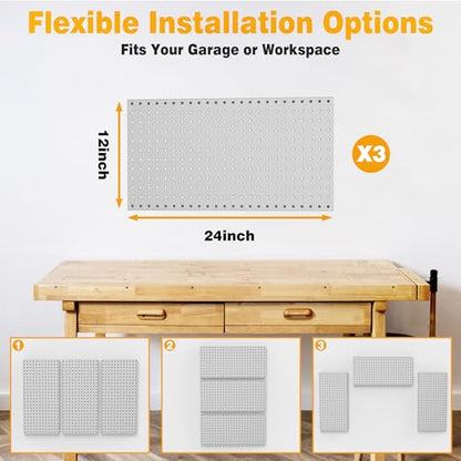Pegboard Smith Metal Pegboard Panels 12" x 24", 3 Pack Grey Wall Mounted Tool Organizer Boards, Heavy Duty Tool Storage Peg Board for Garage, Workbench, Office, Fits 1/4" Peg Hooks - style: 3 Pack Grey Panels