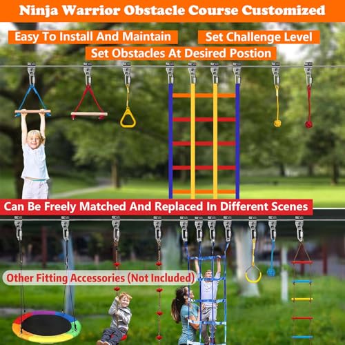 Ninja Warrior Obstacle Course for Kids Backyard Outdoor, 55ft Stainless Steel Main Cable, No Sagging, No Fraying, Weatherproof, 11 Pcs Training Accessories, Monkey Bar, Climbing Net, Swing - size: 55FT 11Pcs