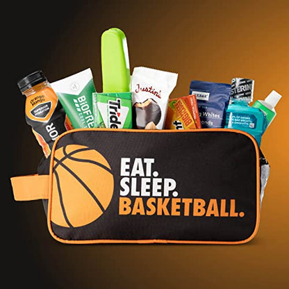 ChalkTalkSPORTS Basketball Toiletry Bag - Eat Sleep - Black & Orange | Polyester, Center Zipper, Side Handle, 11 x 6 x 5 Inches, Sports Camp Bag, Pencil Case, Dopp Kit, Basketball Gift - color: Eat Sleep Basketball