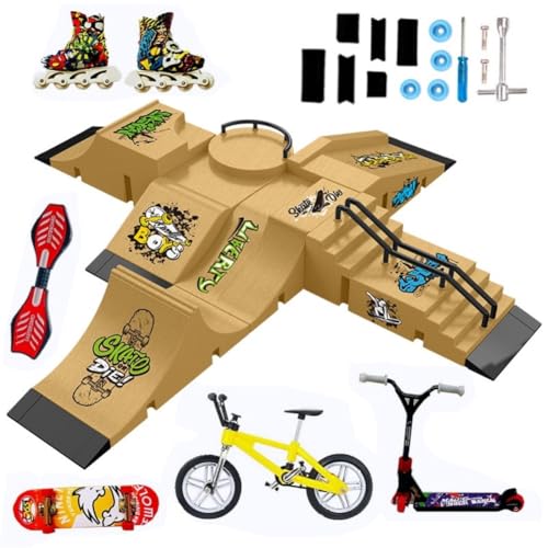 Fingerboard Skate Park Kit,Skateboard Finger Toys with 13 Pieces of Skateboards, Ramps, Skates, Scooters, Bikes and Caster Boards, Funny Mini Finger Board Skate Training Parts (Yellow) - color: Yellow