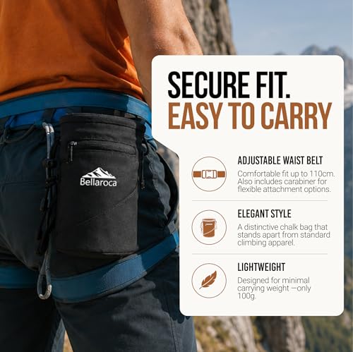BELLAROCA® Climbing Chalk Bag with Waist Belt and Carabiner – Rigid Rim, Fleece Lining and Anti-Spill Drawstring Chalk Pouch for Rock Climbing and Bouldering
