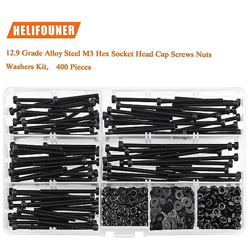 HELIFOUNER 400 Pieces M3 x 30mm /35mm /40mm /45mm /50mm, Hex Socket Head Cap Metric Screws Bolts Washers Nuts Kit, 12.9 Grade Alloy Steel, Fully Threaded, Black - size: M3 x 30/35/40/45/50mm, style: Socket Head