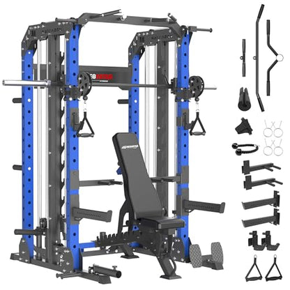 Smith Machine, 2600LBS Squat Rack, 7-in-1 Home Gym Cage with Adjustable Safety Bars, Pull-Up & LAT Pulldown - color: Blue, size: P107 Smith Machine with Bench