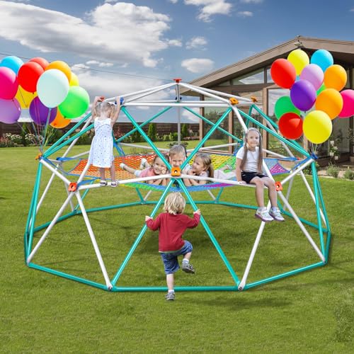 Hapfan Climbing Dome with Climbing Cargo Net, 10 ft Dome Jungle Gym with Hammock for Kids Outdoor Playset Monkey Bars Backyard - color: White and Green