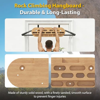2 in 1 Hang Rock Climbing Hangboard with Door Way Pull Up Bar, Including Jugs, Pinches, Pockets, Edges & Slopes, Fit for Rock Climbing Training & Pull-Ups, Multifunctional, No Drilling Required