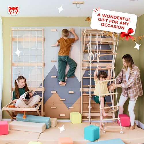 Wood And Hearts 8in1 Modular Swedish Wall Gym Set for Kids Indoor Active Play – Adjustable Pull-Up Bar, Rock Climbing Wall, Rope Accessories & Decorative Panels (Base Set+Rope Accessories+Sit-Up Bar) - style: Base Set + Rope Accessories + Sit-Up Bar