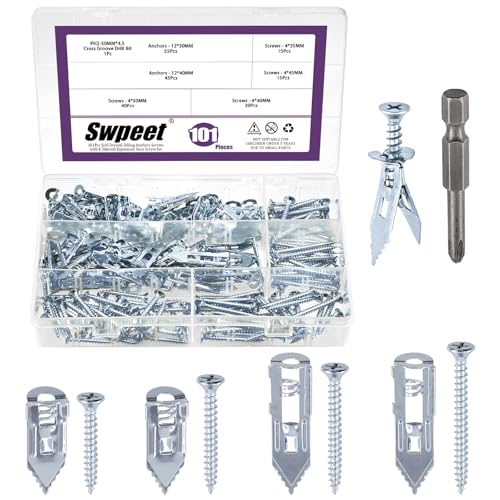 Swpeet 201Pcs 4 Sizes Blue and White Zinc-Plated Drywall Self-Drilling Anchors with Screws and Drill Bit Assortment Kit, No Drill Or Holes in Wall for TV, Bike, Decoration Fixing Curtains - color: Blue-White