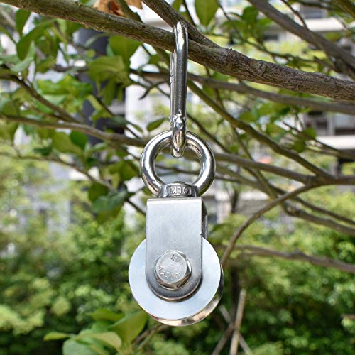 Single Pulley Block 360 Degree Rotation Traction Wheel Stainless Steel Swivel Hook & Carabiner Heavy Duty for Washing Line/Rope Loading 500kg Gym - size: 107mm+Carabiner