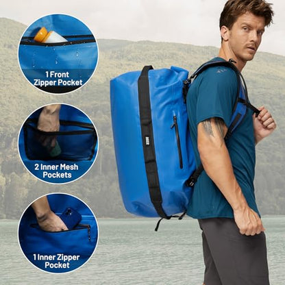 MIER Large Waterproof Duffel Bag - 60L/80L Dry Bag Backpack | Detachable Backpack Straps; Multi-Pockets; Roll-Top with Hook-and-Loop Closure; Motorcycle, Kayaking, Gym, Beach, Boating - color: Dark Blue, size: 60L