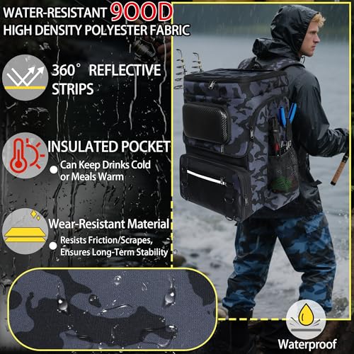 Fishing Backpack with Rod Holder, Large 50L Tackle Bag Water Resistant Tackle Backpack Heavy Duty Fishing Bag Gift for Men Woman - color: C: Blue Camo