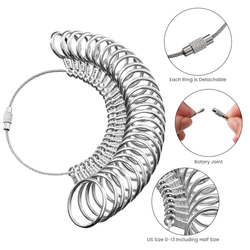 Meowoo Ring Sizer Measuring Tool Set, Ring Gauges with Finger Sizer Mandrel Ring Sizer Tools for Jewelry Sizing Measuring, 4 pcs, Silvery