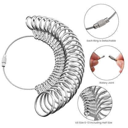 Meowoo Ring Sizer Measuring Tool Set, Ring Gauges with Finger Sizer Mandrel Ring Sizer Tools for Jewelry Sizing Measuring, 4 pcs, Silvery
