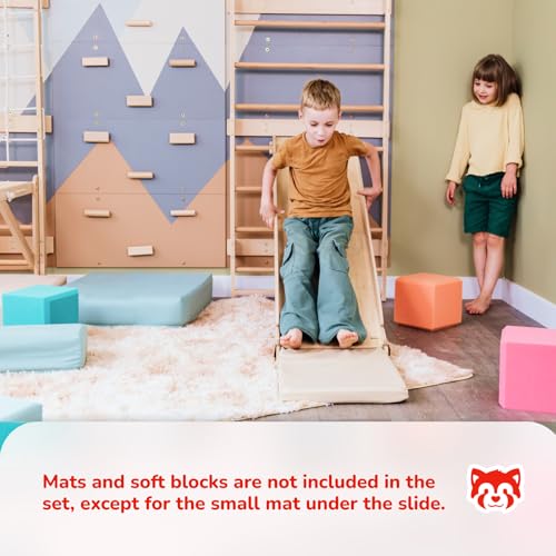 Wood And Hearts 5in1 Modular Swedish Wall Gym Set for Kids Indoor Active Play – Swedish Ladder with Adjustable Pull-Up Bar, Rock Climbing & Indoor Slide (Base Set+2-Sided Ramp with Mat+Sit-Up Bar) - style: Base Set + 2-Sided Ramp with Mat + Sit-Up Bar