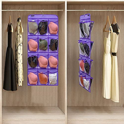 Dual Sided Hanging Shoe Organizer for Closet with Rotating Hanger Hanging Shoe Rack Holder with 24 Large Pockets (Purple-Clear Pockets) - color: PURPLE