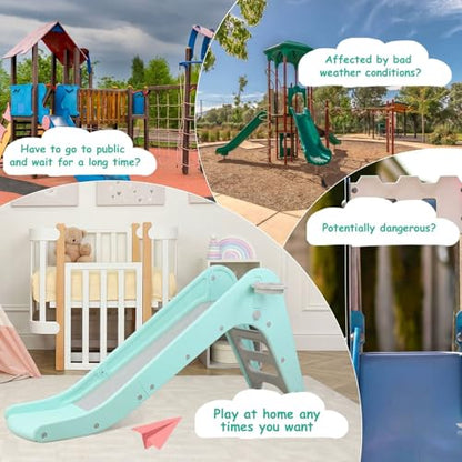Toddler Indoor Slide, Foldable Baby Climber Playset with Basketball & Hoop | 63 in Extra Long Slope, Non-Slip Steps, Sturdy Plastic, Outdoor Playground for Backyard, Home & Playroom Use, Robin Egg Blue - color: Robin Egg Blue