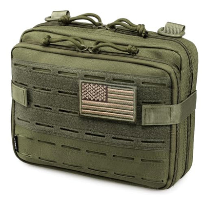 WYNEX Tactical Molle Admin Pouch, Double Layer Large EDC Tool Pouch Bag | Laser-Cut Design, Medical EMT IFAK with Map Pocket, Tool Organizer Molle Accessories, Flag Patch Included, 9.5"x7.5"x3.2" - color: Army Green
