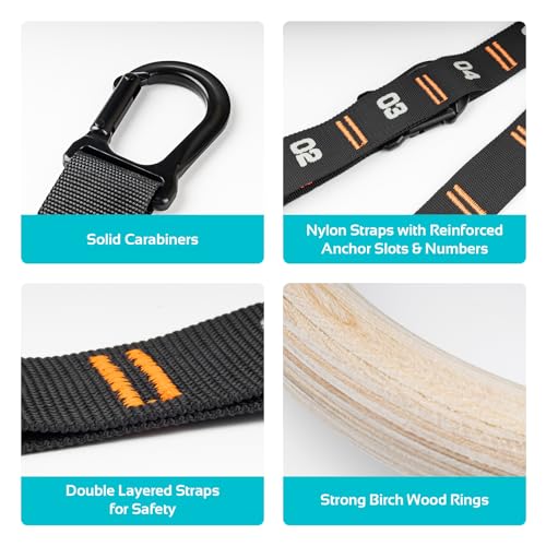 Vulken Wooden Gymnastic Rings with Adjustable Numbered Straps. 1.1'' Olympic Rings for Core Workout and Bodyweight Training. Home Gym Rings 1600lbs with Workout Handles